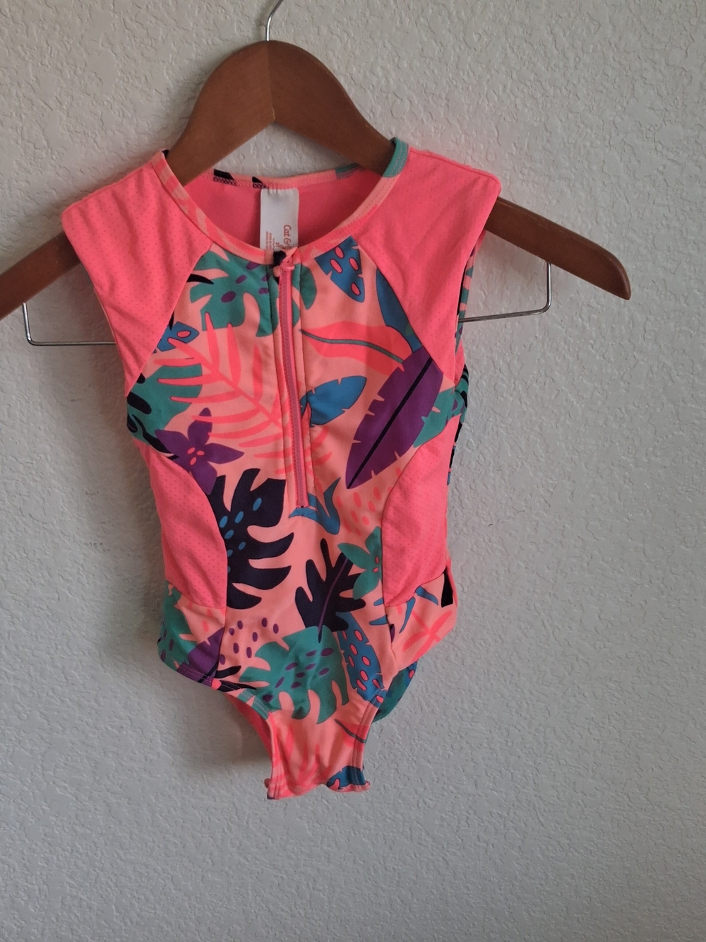 Cat And Jack Kids Neon Coral Tropical Zip-Front One-Piece Swimsuit